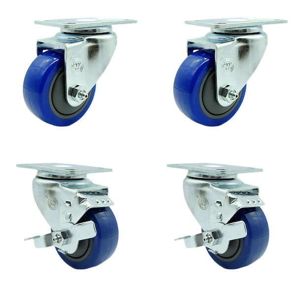 3.5 Inch Blue Polyurethane Wheel Swivel Top Plate Caster Set with 2 Brakes SCC